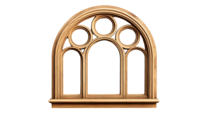 Classic arched wooden window frame with transparent background
