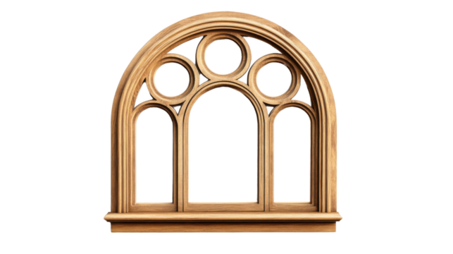Classic arched wooden window frame with transparent background