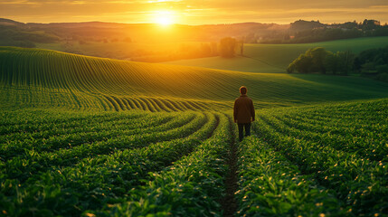 Fototapeta premium A person walks through a lush green field with rolling hills