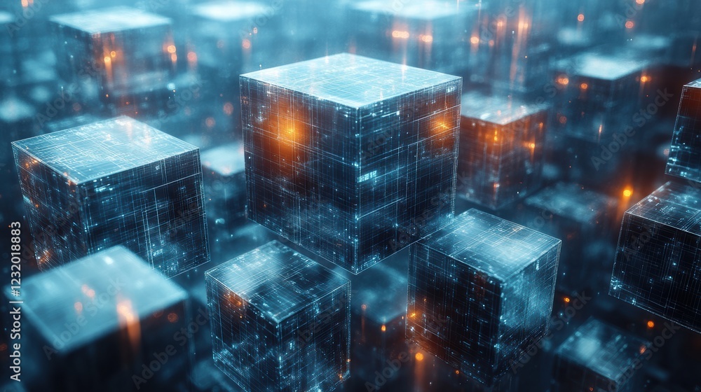 Fototapete abstract digital cubes glowing in a vibrant blue environment, representing data processing and futur