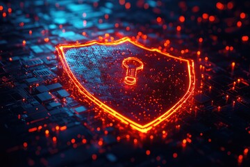 Cybersecurity shield with encrypted data streams forming a glowing barrier.