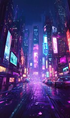 Neon-lit city street at night with glowing signs, wet pavement, futuristic cityscape