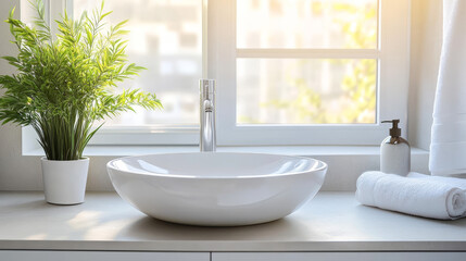 Fototapeta premium Wash basin sink in the modern bathroom on window light background. Realistic vector in 3D illustration.