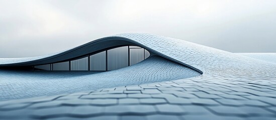 Modern architectural marvel with wavy design, reflecting water, under a cloudy sky