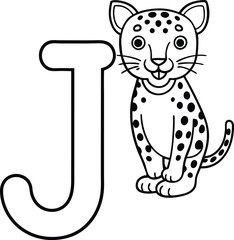 Vector coloring book alphabet with capital letters J for Jaguar illustration.