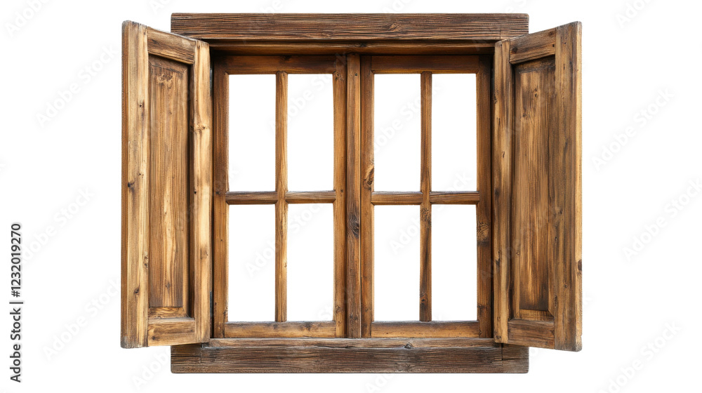 Poster old wooden window frame with open shutters on transparent background