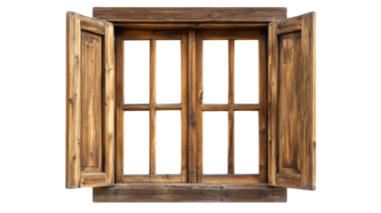 Old wooden window frame with open shutters on transparent background