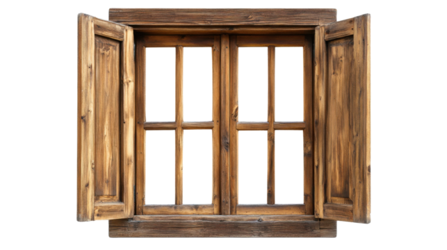 Old wooden window frame with open shutters on transparent background