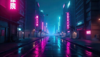 Neon city nightscape urban street digital art rainy environment vibrant colors futuristic concept