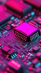Close up of Circuit Board with Integrated Circuit Chip in Vivid Pink and Blue Neon Lighting