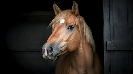 Obraz premium Palomino horse portrait, stable interior, dark background, equestrian photography