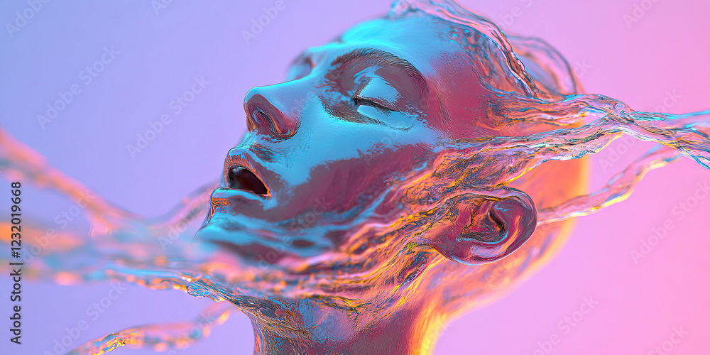 Poster digital rendering of metallic head submerged in liquid