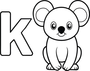 Vector coloring book alphabet with capital letters K for Koala illustration