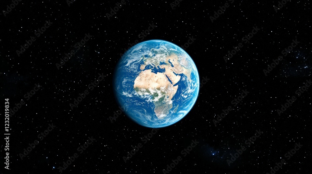 Poster planet earth is rotating in the vastness of space, prominently displaying the continents of africa a