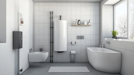 Fototapeta premium Realistic bathroom with boiler design template vector illustration. White modern water heater connected with washbasin and tub. Empty bath room interior with tiled decor. Home heating system