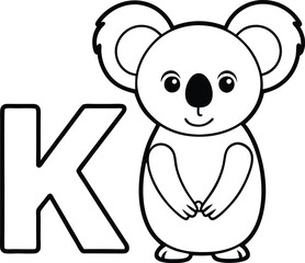 Vector coloring book alphabet with capital letters K for Koala illustration