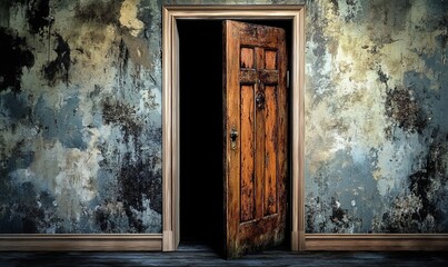 Open wooden door in dark, grungy room, mystery, suspense, horror film scene