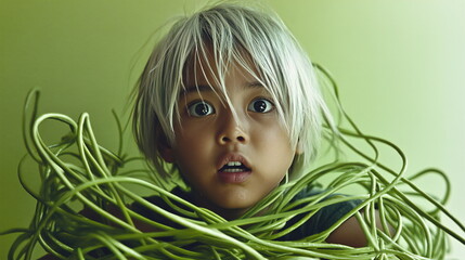 Naklejka premium Child with shocked expression surrounded by green vines in a bright, abstract setting creating a surreal atmosphere