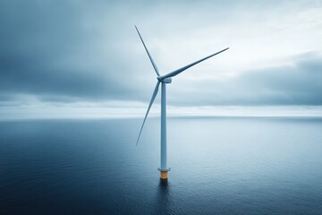 Fototapeta premium Aerial view of a wind turbine standing tall over calm ocean waters, embodying renewable energy's potential to combat climate change and support sustainability.