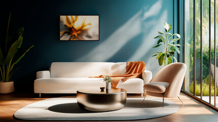 Stylish modern living room with a light grey sofa, copper coffee table, plush rug, and decorative plants. Sunlight streaming through large windows enhances the vibrant decor