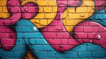 Vibrant Fragment of Bright Graffiti Art Showcasing Colorful Swirls and Patterns on a Brick Wall Surface