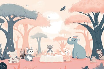 Adorable Animals Enjoying Afternoon Tea Party In Woods