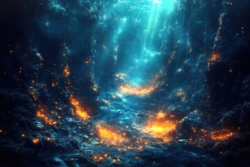 Deep ocean abyss with glowing aquatic life, creating an otherworldly, mysterious underwater scene.