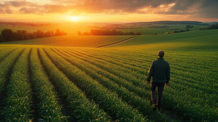 Fototapeta premium A person is walking in a field toward the sunrise