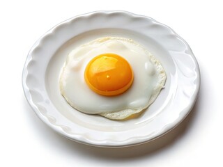 High-resolution panoramic image: a perfectly fried egg on a white plate, isolated, ideal for breakfast food stock photos.