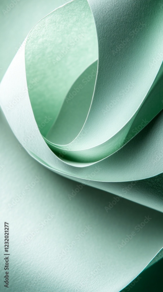 Poster Sinuous folds of soft green paper intertwine gracefully, crafting an elegant display of texture and form. The tranquil hue evokes a sense of calm and inspiration in the viewer
