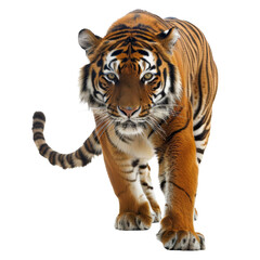 Fototapeta premium Majestic tiger walking forward, showcasing its powerful build and distinct stripes. Perfect for wildlife, nature, and animal themes.
