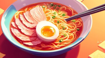 A close-up of a bowl of ramen with a soft-boiled egg and sliced pork