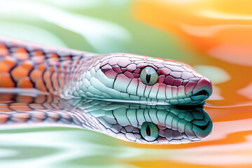 Abstract snake background, water swimming, Titanoboa inspired design, reflection eye, scales, copy space.