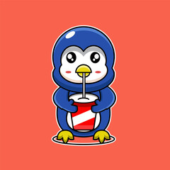 cute vector illustration of a peguin mascot drinking a soft drink