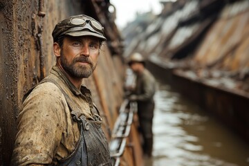 Obraz premium a rugged and grizzled man stares defiantly at the camera, his worn clothes and muddy hands telling the story of a hard life.