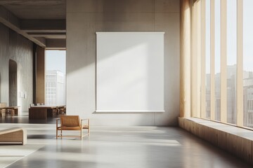 Modern minimalist interior with large blank canvas mockup, sunlight streaming through large windows.
