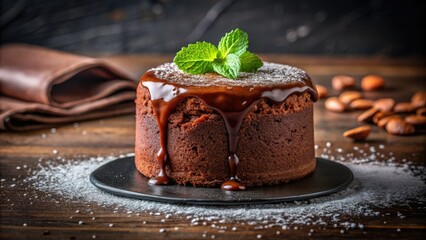 Indulge in a decadent chocolate fondant: molten center, rich ganache, cocoa dusted perfection.