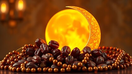 Naklejka premium ramadan kareem background golden moon, dates