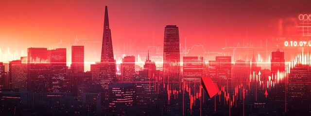 Red city skyline at sunset with superimposed stock market decline graph.