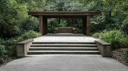 Garden path leading to wooden pergola, steps & lush greenery