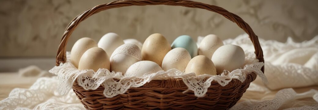 Vintage-style painted eggs in basket with lace trim, trim, Easter, eggs