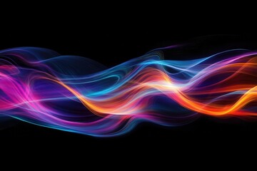 Naklejka premium dynamic abstract fluid art with swirling neon colors against deep black background, resembling cosmic nebulae