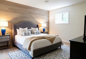 Modern bedroom sanctuary with wooden accent wall and calming color palette