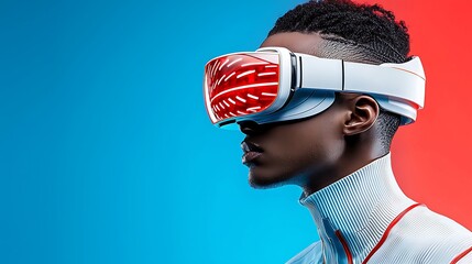 Man wearing VR headset, futuristic tech, blue red background, virtual reality experience