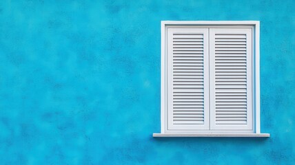 Vibrant Blue Wall with White Double Louvered Window Shutters