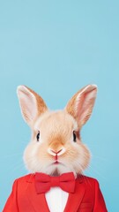 Obraz premium Adorable Bunny in Red Suit and Bow Tie Studio Shot Light Blue Background