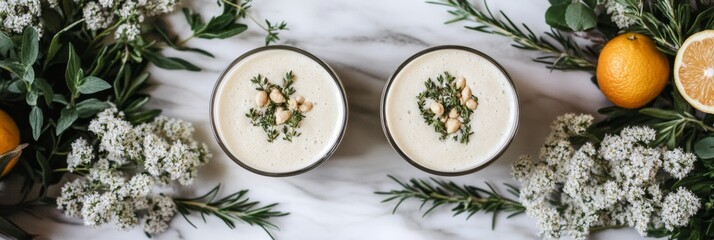 Two Glasses with Creamy Smoothies Garnished with Herbs , Nuts and Surrounded by Fresh Ingredients