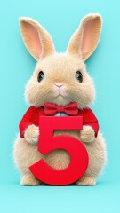 Obraz premium Adorable Fluffy Bunny Rabbit Holding a Large Number Five Cute Easter Concept