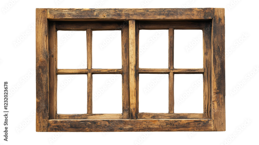 Poster old wooden window frame with transparent background isolating rustic design