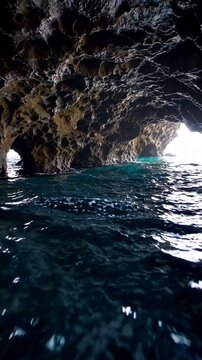 Eye level, sea caves with water motion, dark shadows and highlights, filtered sunlight, mysterious and moody.
